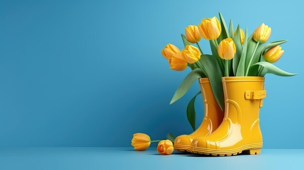 Photo embracing spring a vibrant display of tulips and yellow rubber boots on a blue background