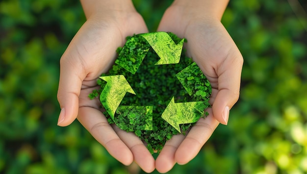 Embracing sustainability hands holding a green leafy recycling symbol symbolizing green