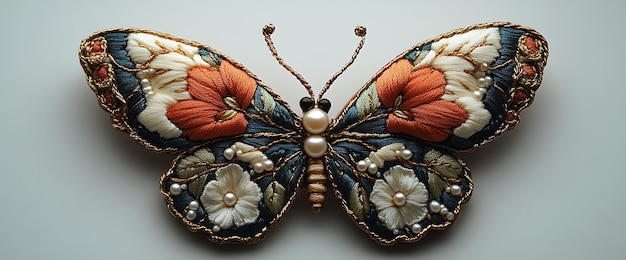 Embroidered butterfly with intricate details and colorful flowers