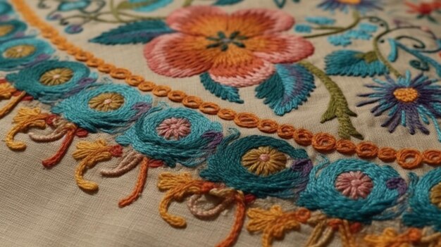 Embroidered fabric edge close up