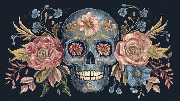 Photo embroidered floral skull with golden accents