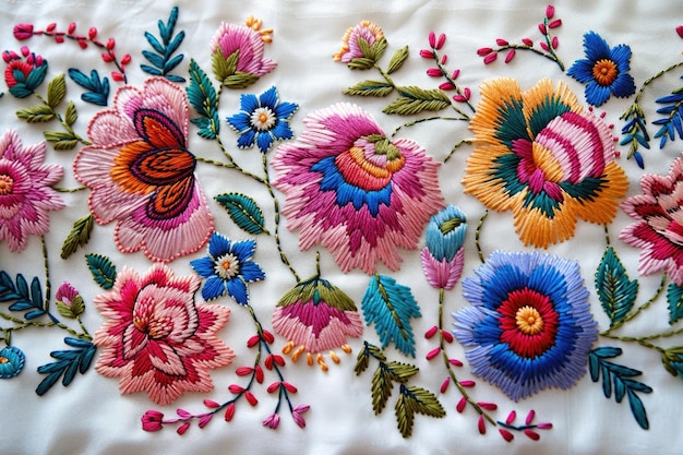 Photo embroidered flowers on the fabric ukrainian folk hand embroidery on white background isolated