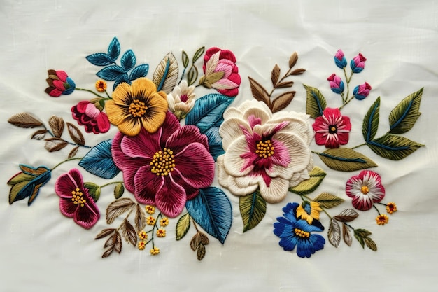 Photo embroidered flowers on a white background handmade ukrainian folk embroidery fabric decor