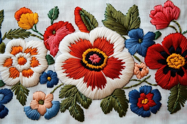 Photo embroidered flowers on a white background handmade ukrainian folk embroidery fabric decor