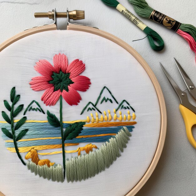 Photo embroidered natures beauty a tranquil landscape of flowers and mountains