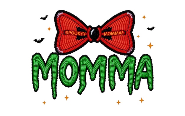 Embroidered red bow tie and green MOMMA text with bats and stars perfect for Halloween crafts an