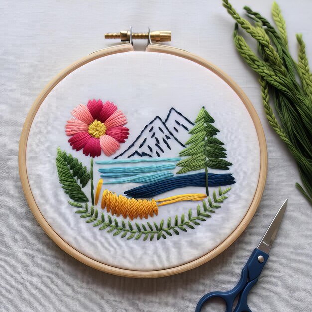 a embroidery board with a picture of a mountain in the background