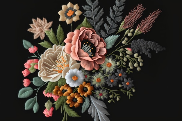 Embroidery bouquet on black background Floral print AI generation