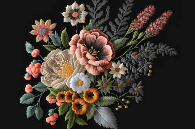 Embroidery bouquet on black background Floral print AI generation