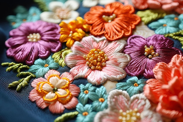 Embroidery of a different colorful flowers Generated ai