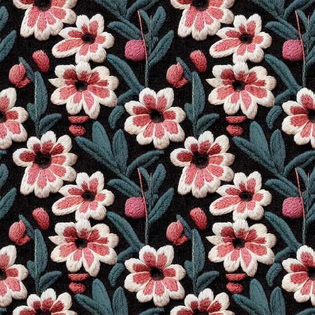 Embroidery floral seamless pattern Embroidered flowers repeating fabric backdrop 3D illustration