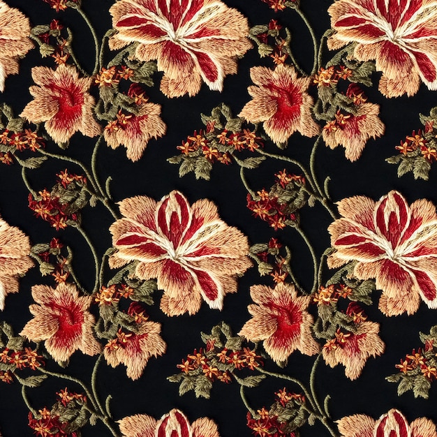 Embroidery floral seamless pattern Embroidered flowers repeating fabric backdrop 3D illustration