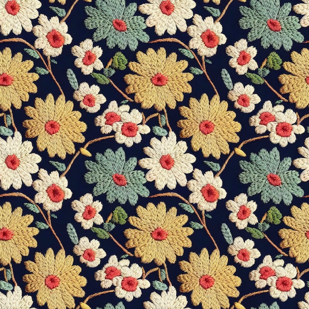 Embroidery floral seamless pattern Flowers repeating oriental fabric backdrop 3D illustration