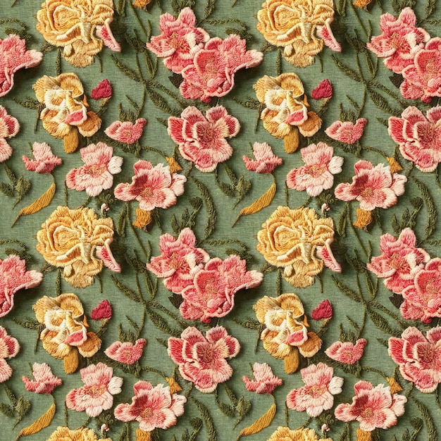 Embroidery floral seamless pattern Vintage style embroidered flowers repeating fabric backdrop