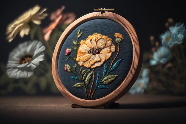 Embroidery Flower in a Wooden Hoop AI generation