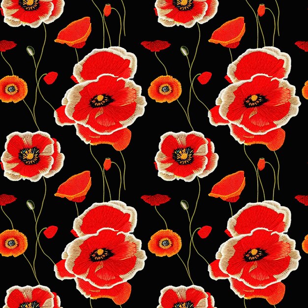 Embroidery poppies seamless textile pattern Vintage style decorative flowers repeating fabric background Generative AI