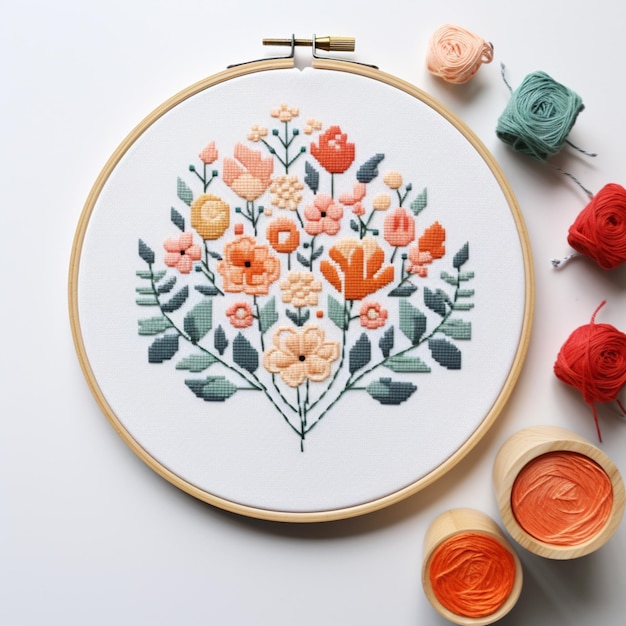 embroidery with a floral design on a white surface with yarn generative ai