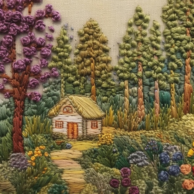 Embroidery work of a house in a forest with flowers and trees generative ai