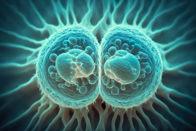 Embryonic stem cells division Human cells under microscope In vitro concept Generative AI