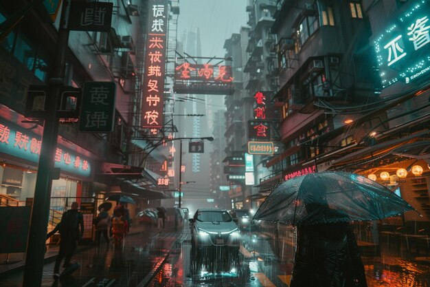 Emce the cyberpunk aesthetic as rain cascades down generative ai