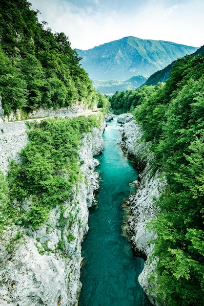 Emerald and blue waters of Soca river Slovenia