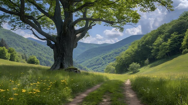 Emerald Embrace Sunlight Filters Through a Serene Forest Landscape