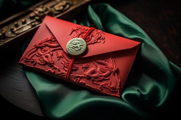 Emerald green Dragon symbol on red vintage Envelope