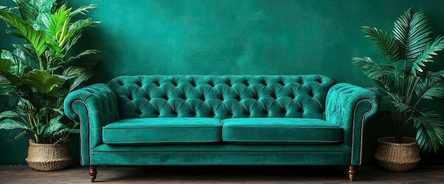 Photo emerald green velvet sofa with plants in a modern interior