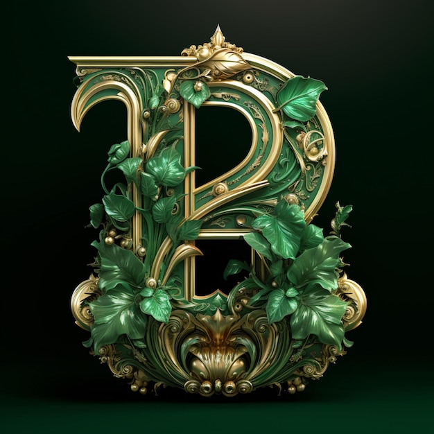 Emerald letter with ornate floral and botanical details