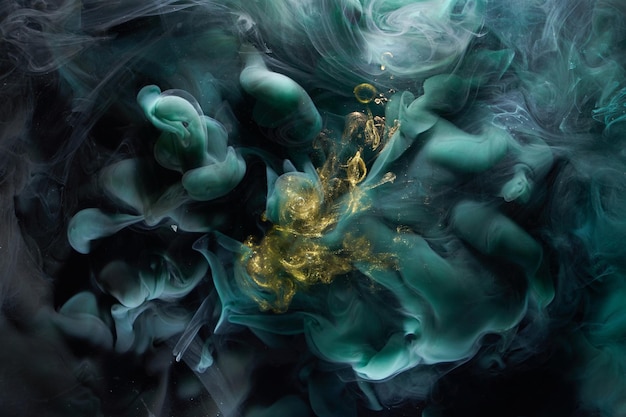 Emerald sparkling abstract background luxury gold smoke acrylic paint underwater explosion cosmic swirling aquamarine ink