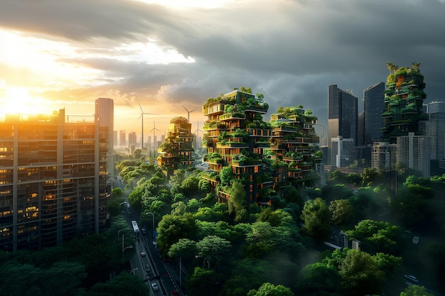 Photo emerald towers a symphony of nature and urbanity generative ai