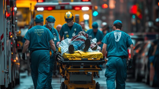 Photo emergency medical team rescuing patient in urban area