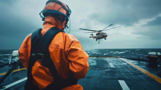 Photo an emergency worker in orange gear waits on a stormy deck as a helicopter prepares to land illustrating precision and readiness