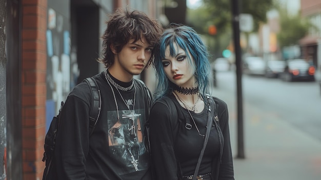 Photo a emo man and a woman are standing on a street both wearing black clothing