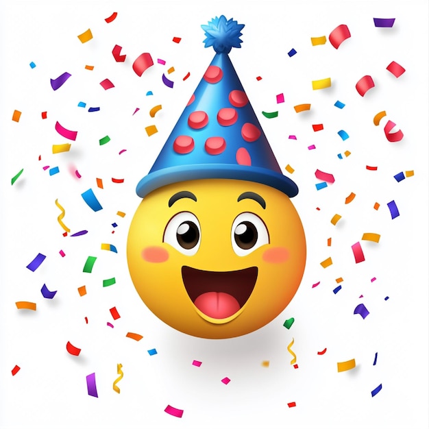 Photo an emoji of a face with a party hat and confetti to show celebration