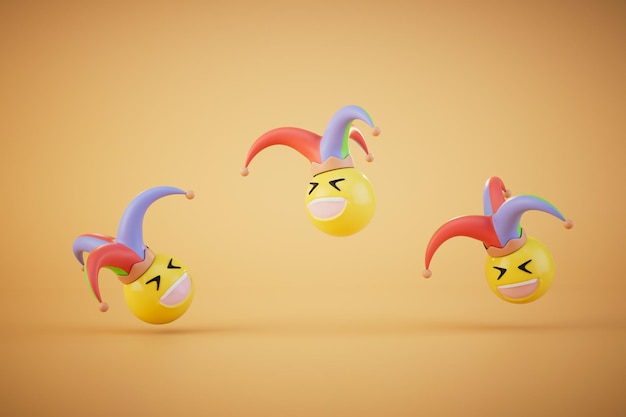 Emoticons in jester hats scattered on the pastel background 3D render