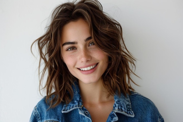 Emotional brunette girl with cute smile posing with new denim jacket