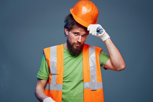 Emotional builder working uniform orange helmet safety Construction professional