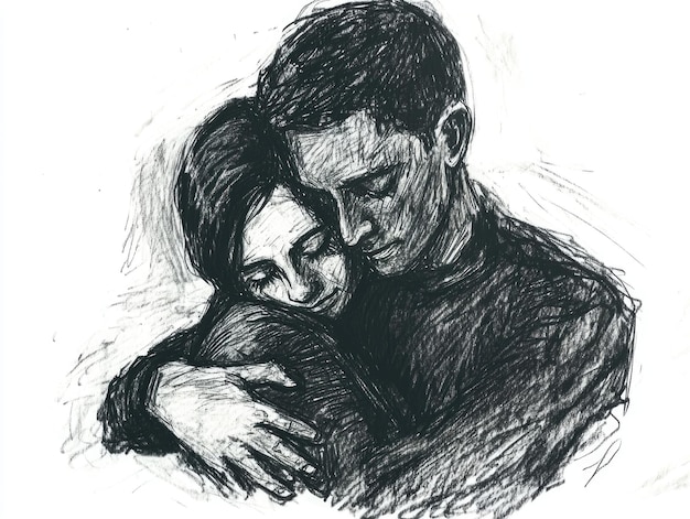 Emotional charcoal sketch of couple in embrace captures intimacy and comfort