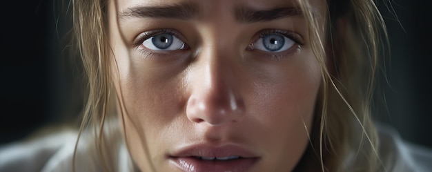 Photo emotional closeup of a young woman with striking blue eyes reflecting deep thoughts