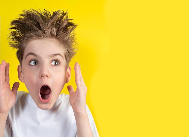 Emotional cute boy with joyful hairstyle posing against  the  yellow wall background