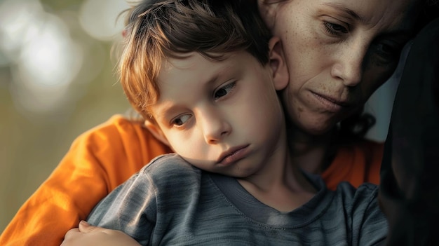 Emotional embrace between a mother and her child expressing deep connection and concern in a soft focused natural background