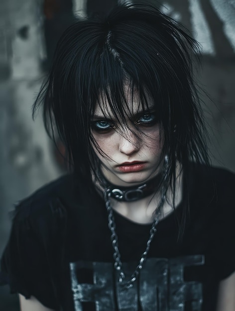 Photo emotional emo teenager with dark clothing and expressive makeup