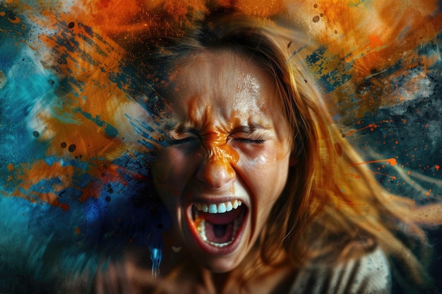 Photo emotional explosion woman screaming amidst vibrant abstract paint splashes