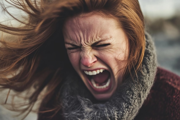 Photo emotional expression of anger with windswept hair outdoors