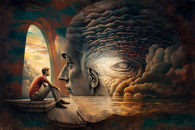 Emotional hypersensitivity, a man in his mind looks at a bridge among the clouds