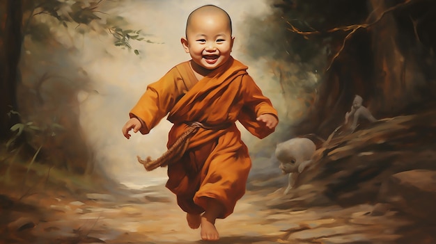 Emotional Journey Small Monk Portraying Joy Sorrow and Playfulness in the Spirit of Gautam Buddha