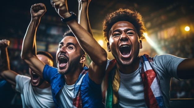 Emotional male soccer fans celebrate victory at home with friends beer and cheers