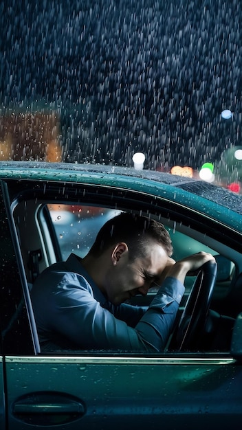 Photo emotional man in car on rainy night