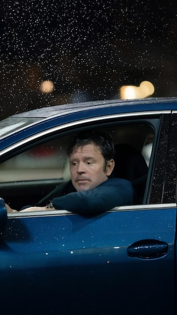 Photo emotional man in car on rainy night